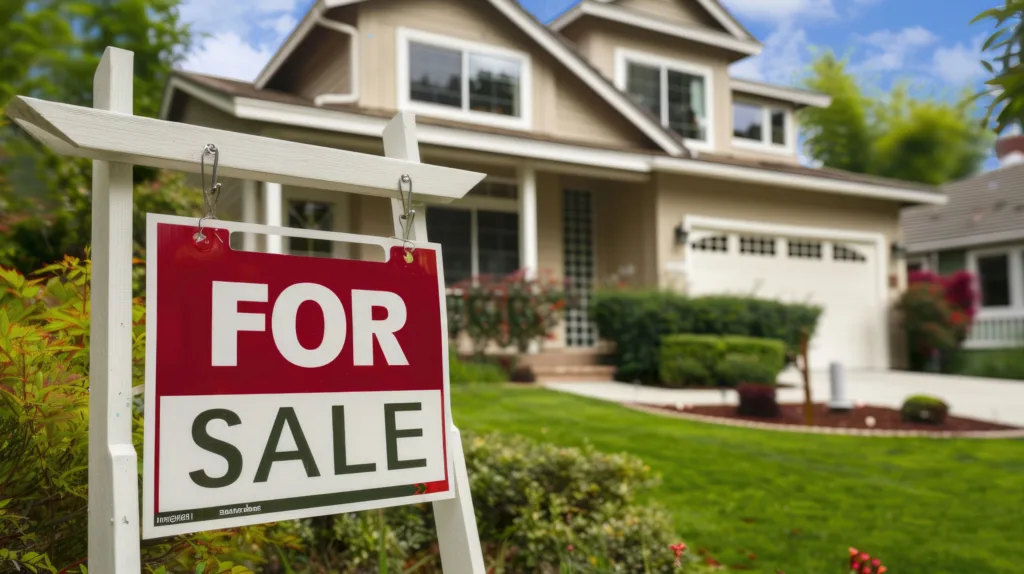 For sale sign in front of a suburban home with a landscaped yard.